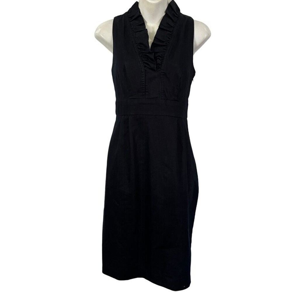 London Times Denim Cotton Stretch V-Neck Sheath Sleeveless Pleated Dress sz 8